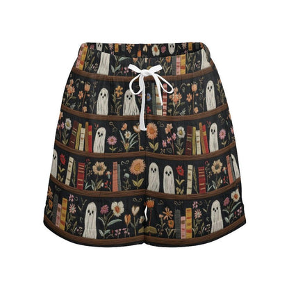 Ghost summer shorts, high waist cottagecore, spooky floral print, casual loose fit, indie aesthetic