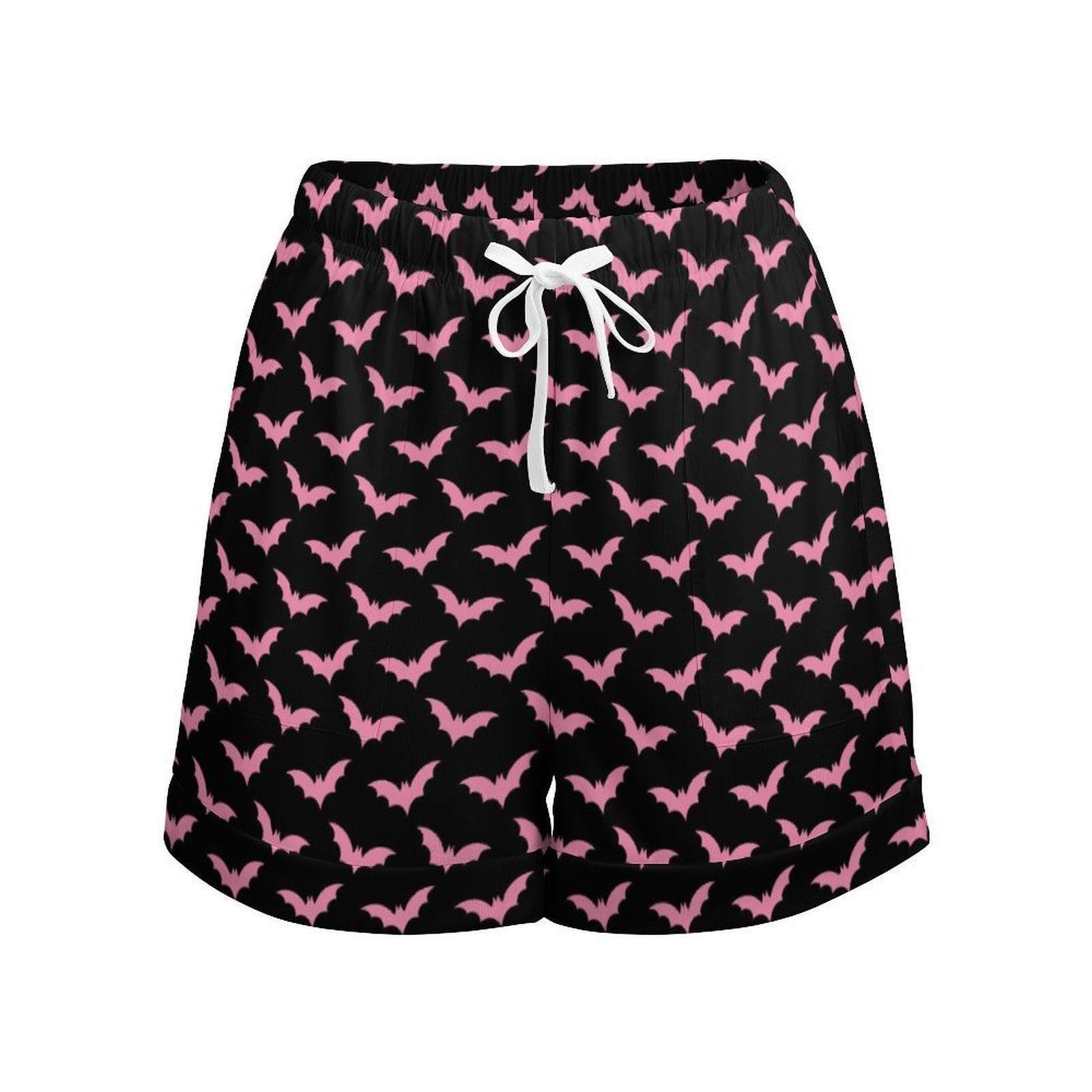 Pink Bat Print Drawstring Shorts, Black Halloween Lounge Shorts