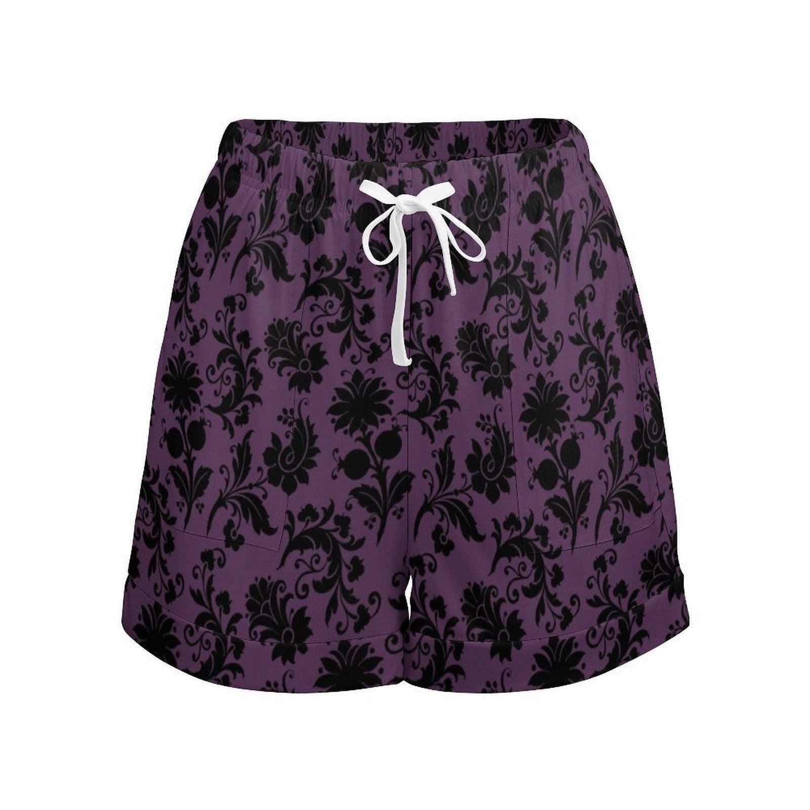 Purple Damask High Waisted Summer Shorts, Gothic Baroque Print Lounge Shorts