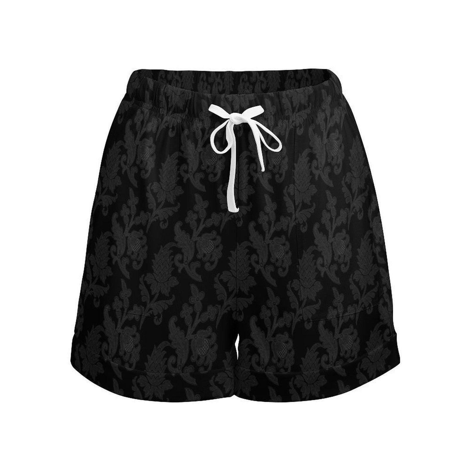 Black Damask Baroque Print High Waisted Loose Summer Shorts