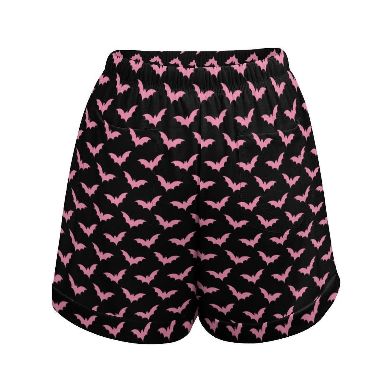 Pink Bat Print Drawstring Shorts, Black Halloween Lounge Shorts