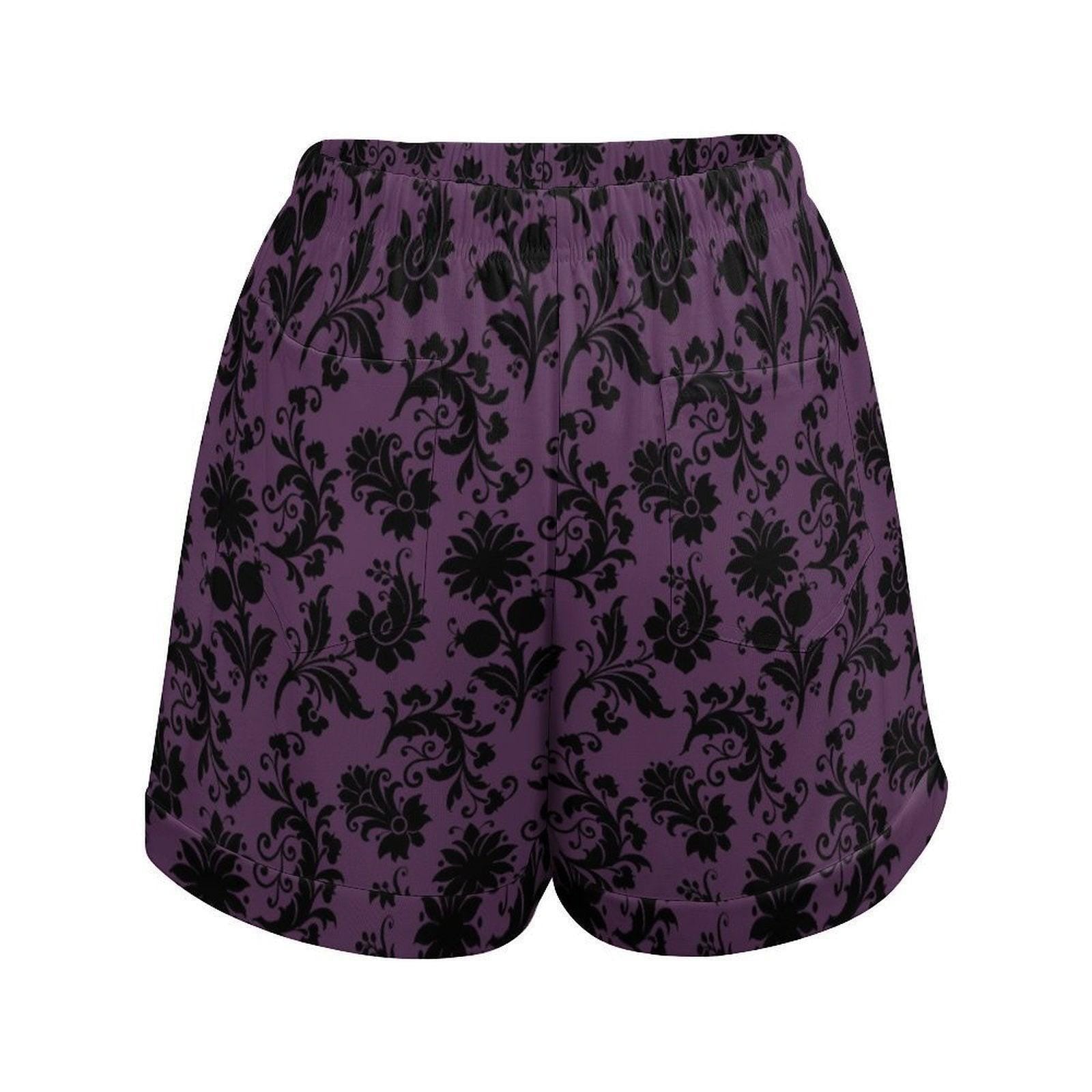 Purple Damask High Waisted Summer Shorts, Gothic Baroque Print Lounge Shorts