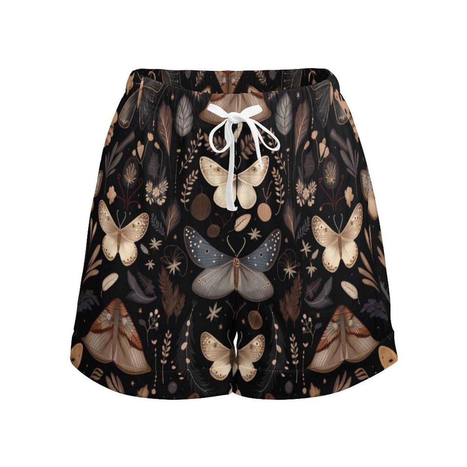 Celestial Moth Lounge Shorts, Dark Cottagecore Pajama Shorts, Witchy Sleepwear, Moon Star Print