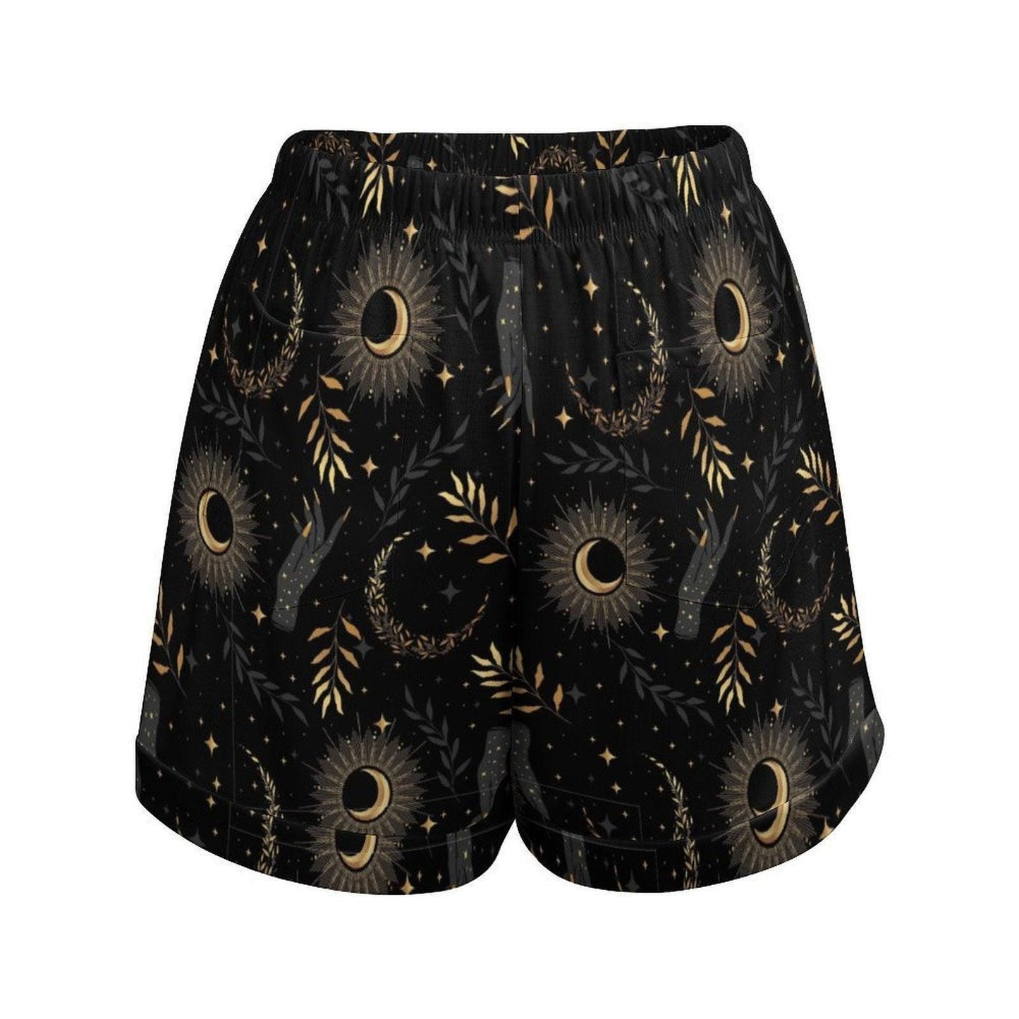 Black Sun and Moon High Waisted Loose Summer Shorts with Celestial Star Print