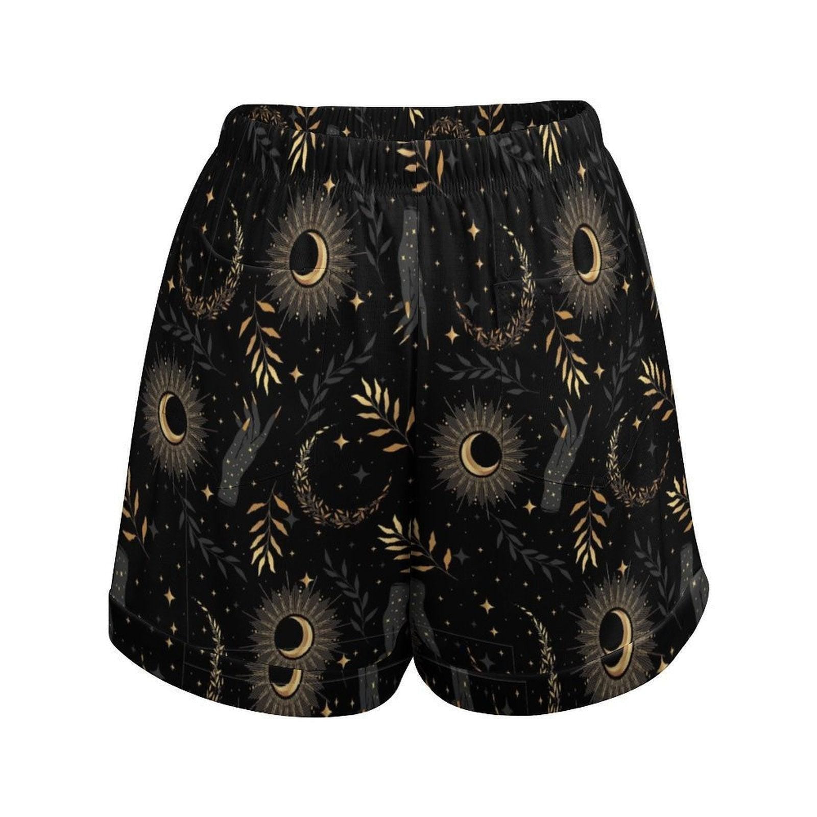 Black Sun and Moon High Waisted Loose Summer Shorts with Celestial Star Print