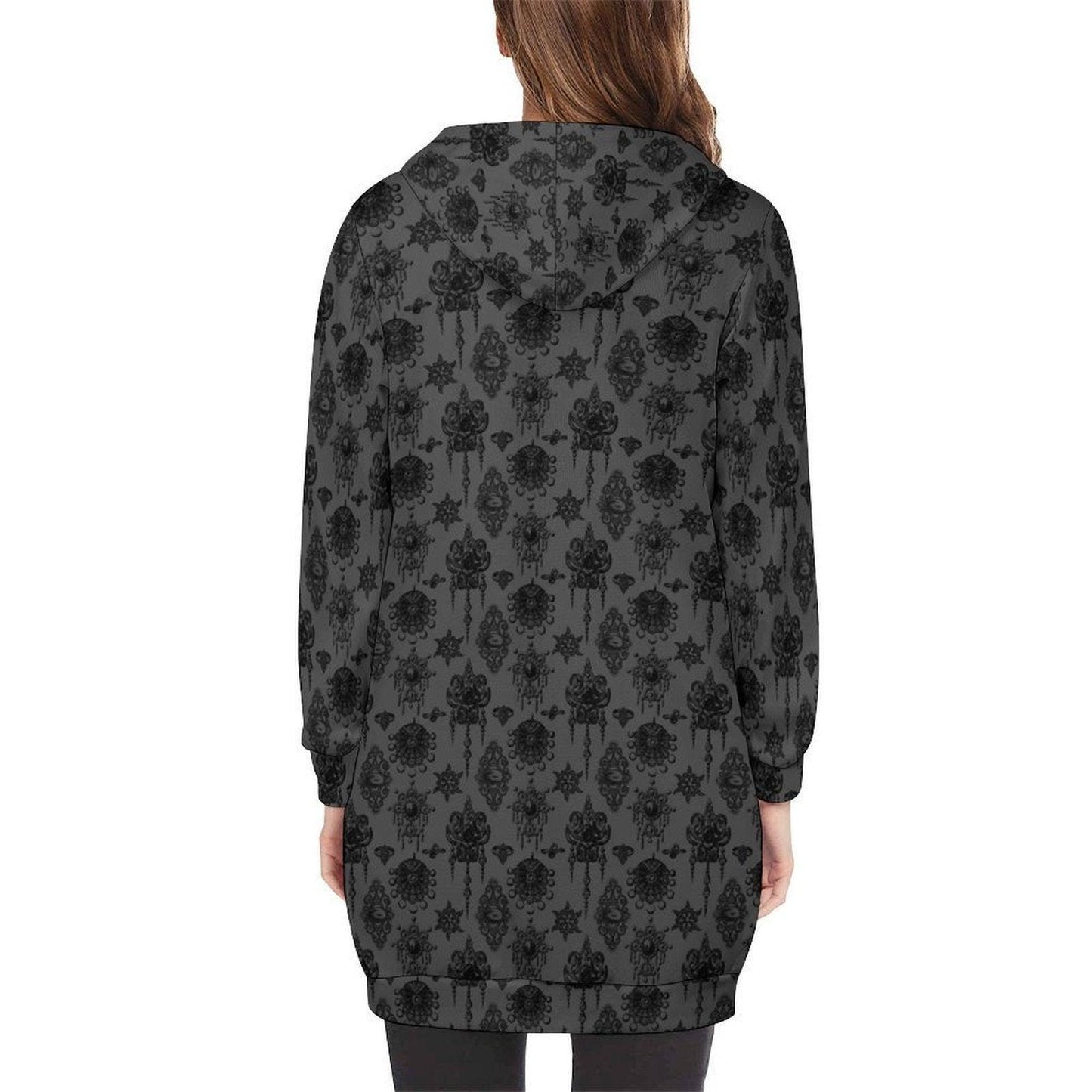 Black Damask Long Zip Hoodie Coat, Victorian Inspired Jacket