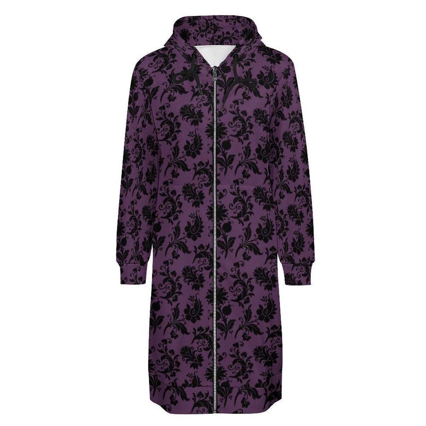 Purple Damask Long Hoodie Coat, Zip Up Duster Jacket