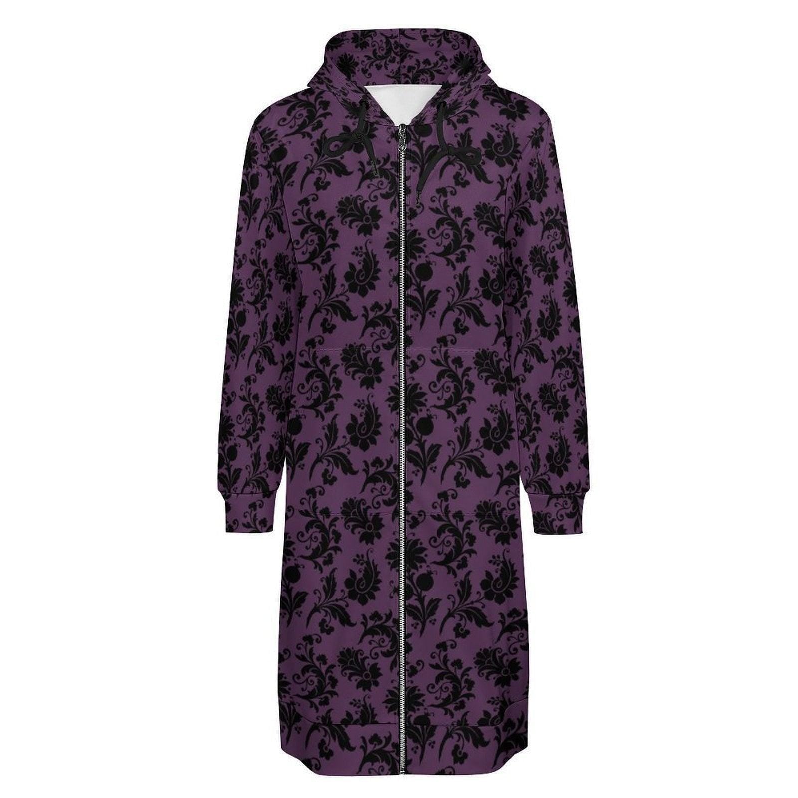 Purple Damask Long Hoodie Coat, Zip Up Duster Jacket