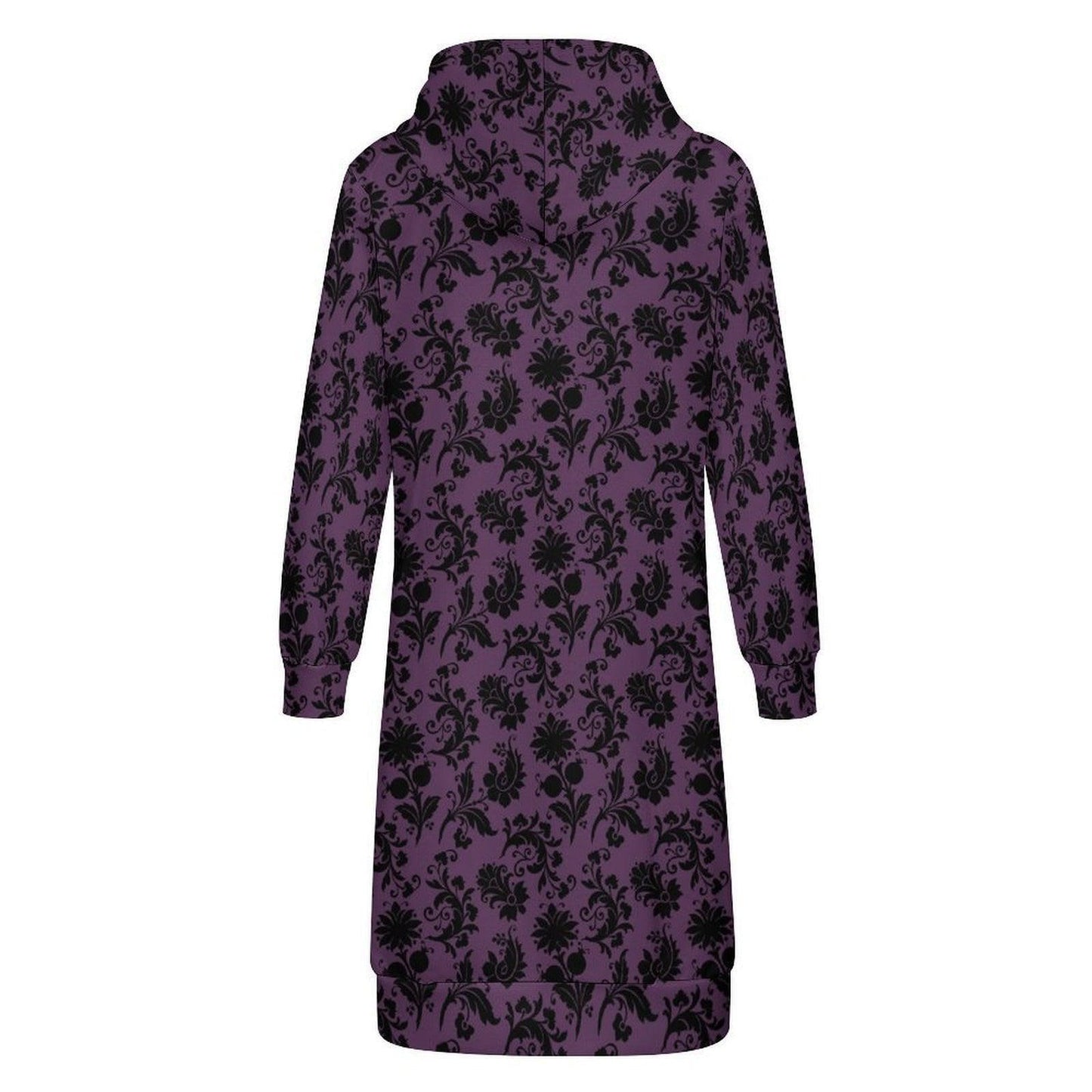 Purple Damask Long Hoodie Coat, Zip Up Duster Jacket