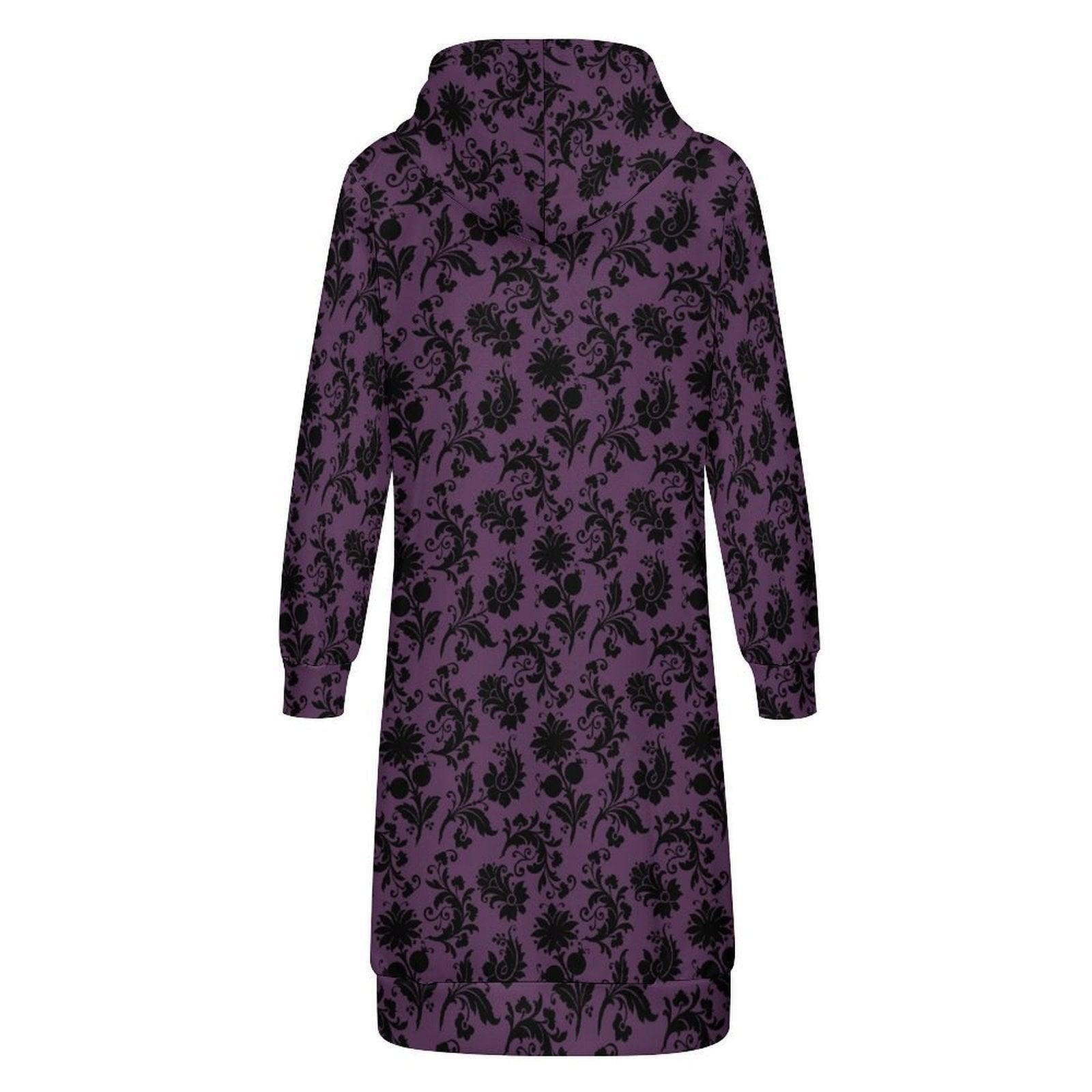 Purple Damask Long Hoodie Coat, Zip Up Duster Jacket