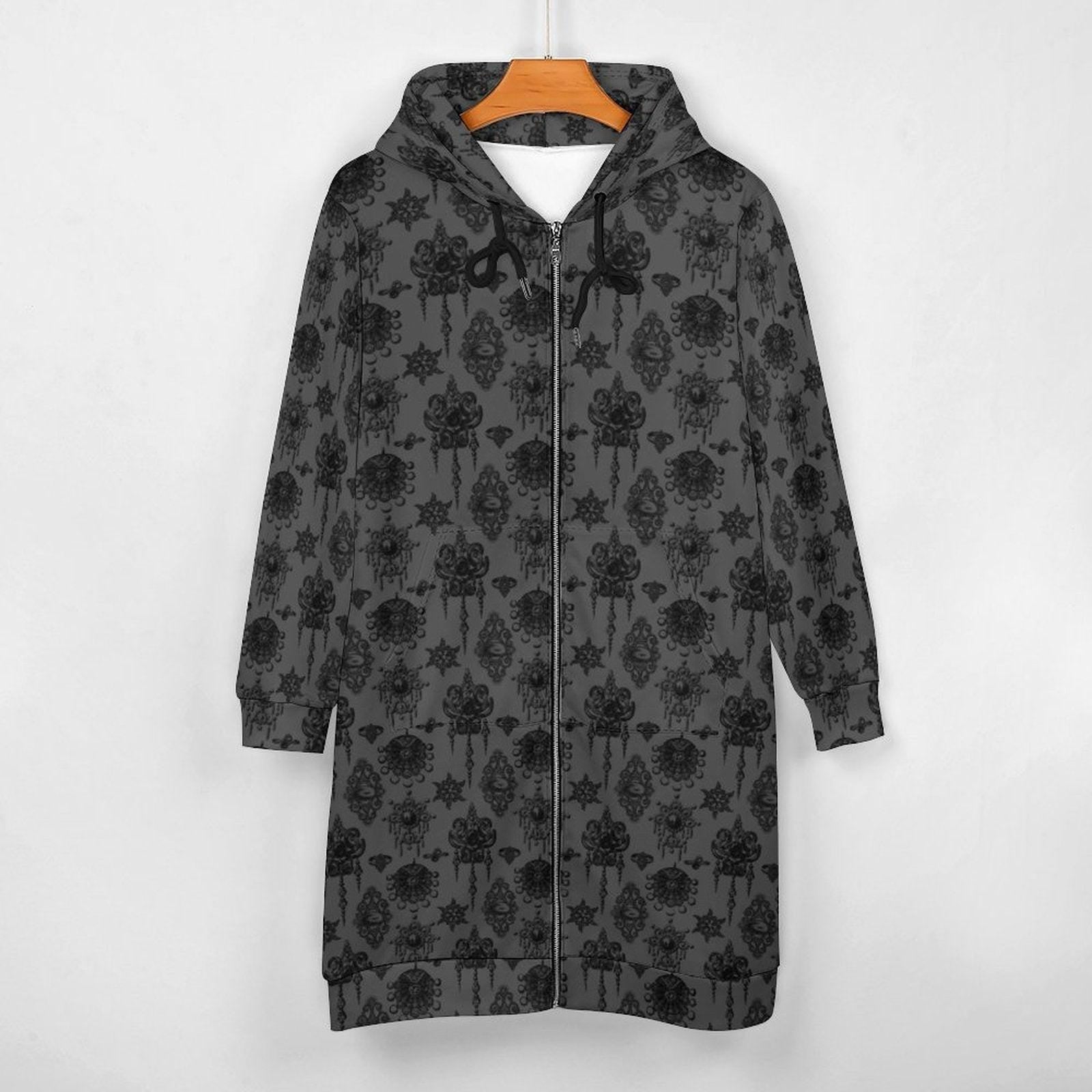 Black Damask Long Zip Hoodie Coat, Victorian Inspired Jacket