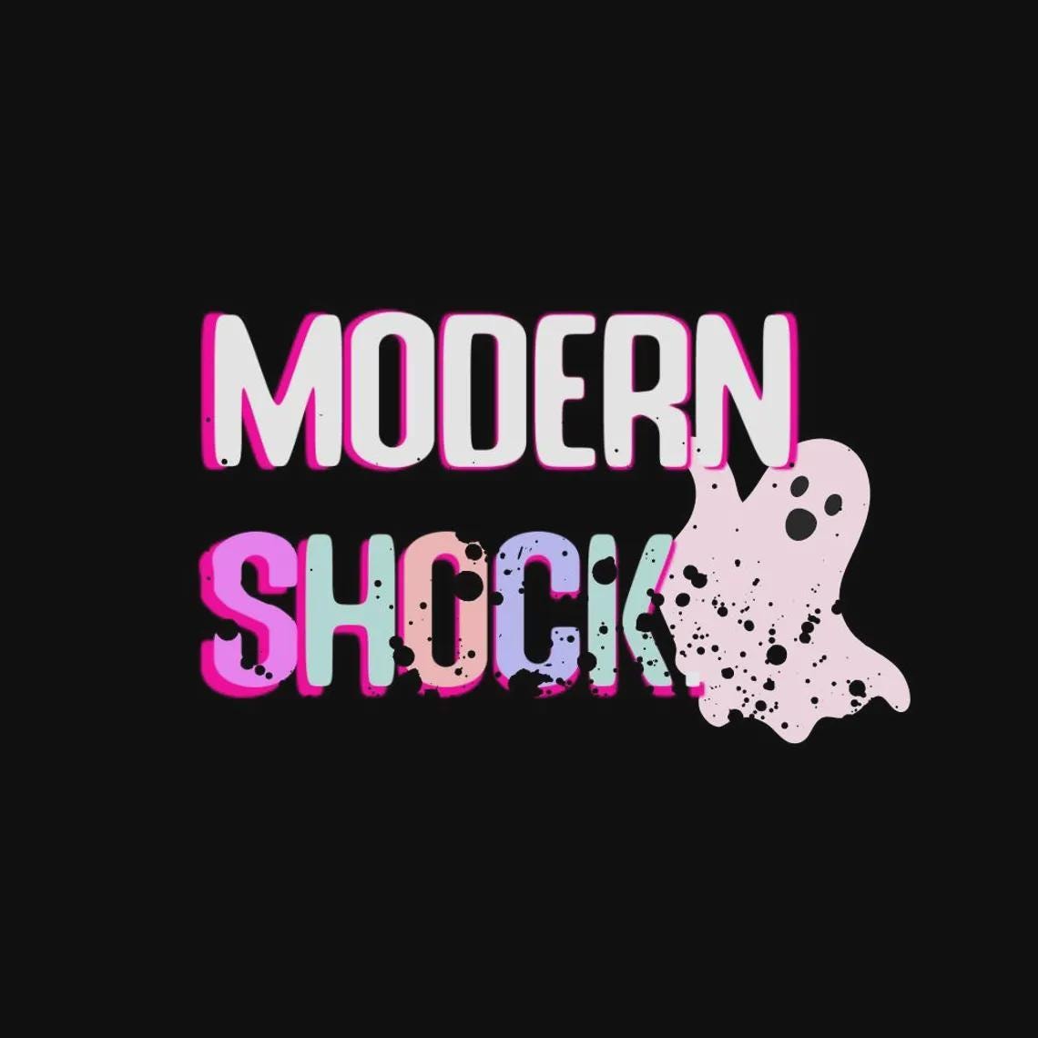 the text "MODERN SHOCK" in a stylized font, with the word "MODERN" in pink and "SHOCK" in a pink and purple color scheme. The text is spread across the image, creating a visually striking and dynamic composition.