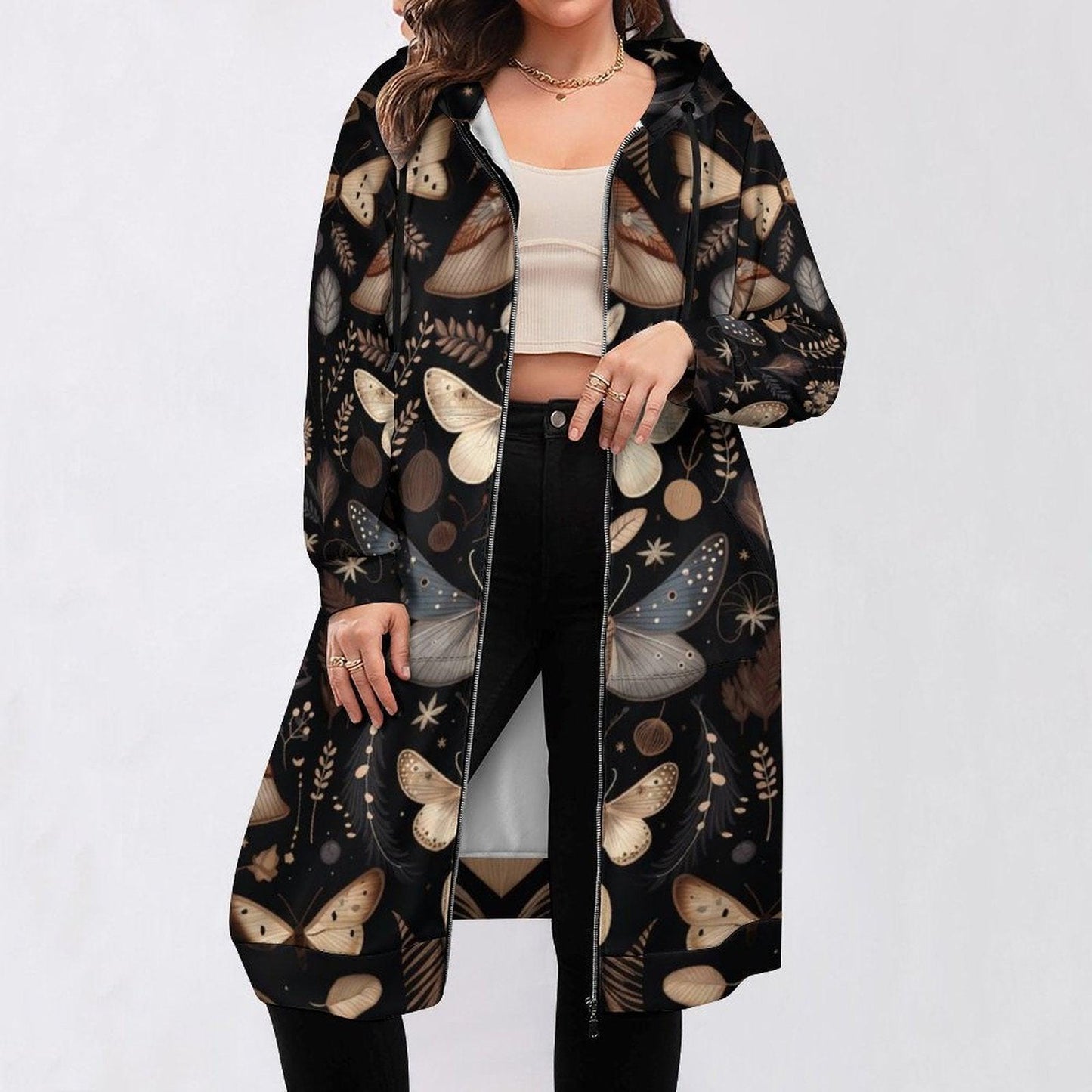 Moth Print Long Hooded Jacket, Dark Nature Zip Coat