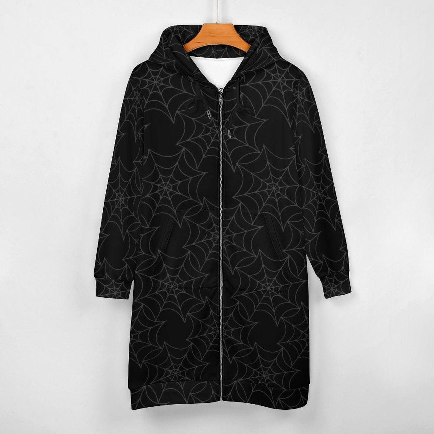 Black Spider Web Long Hooded Jacket, Gothic Zip Coat
