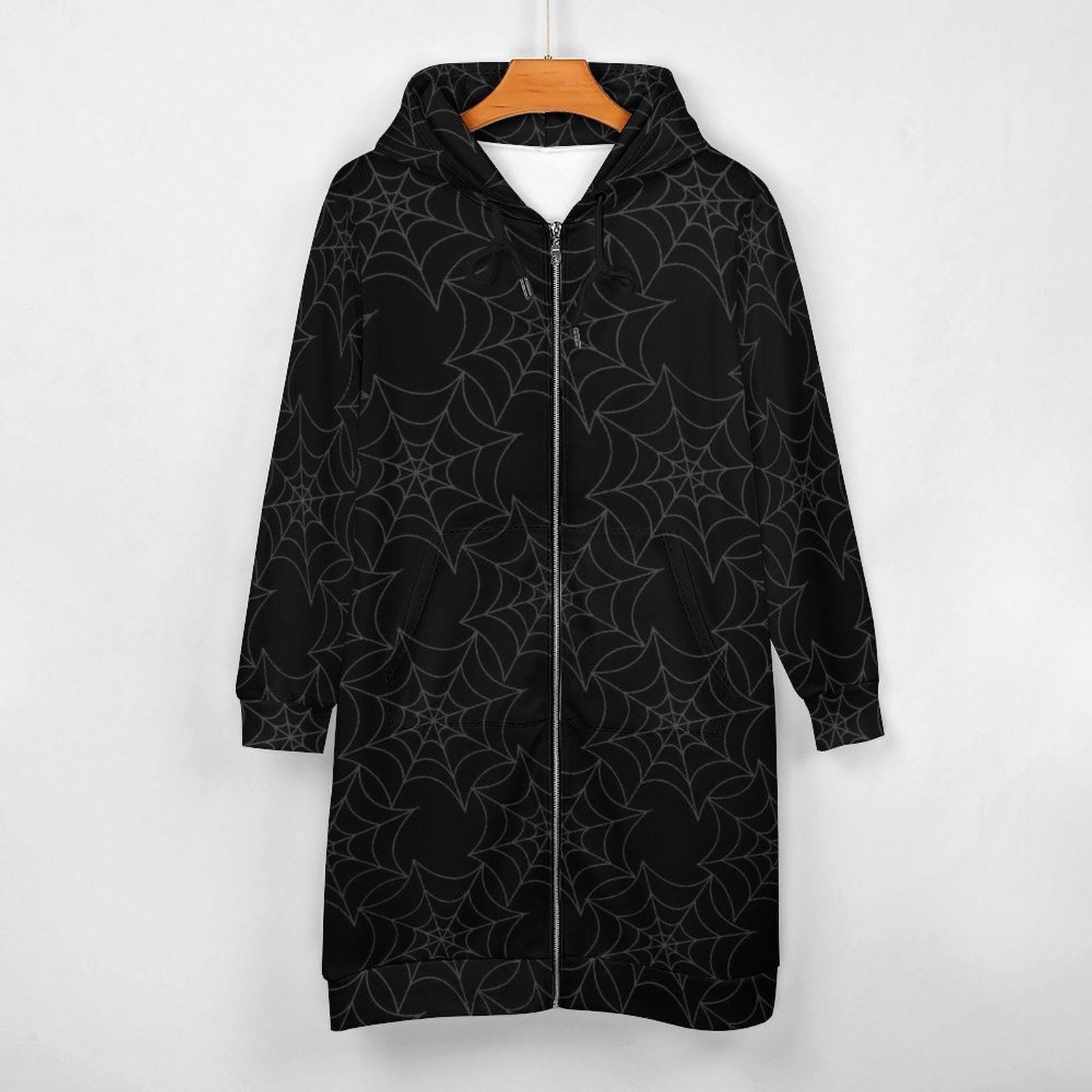 Black Spider Web Long Hooded Jacket, Gothic Zip Coat