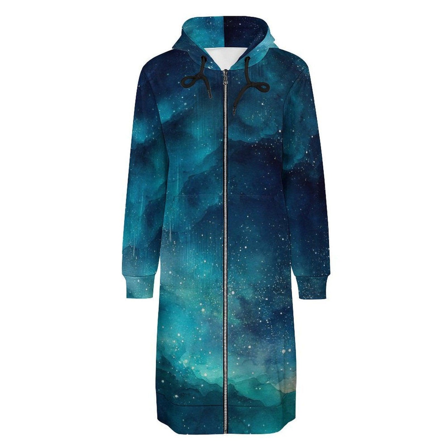 Teal Galaxy Print Hooded Long Duster Cardigan Coat