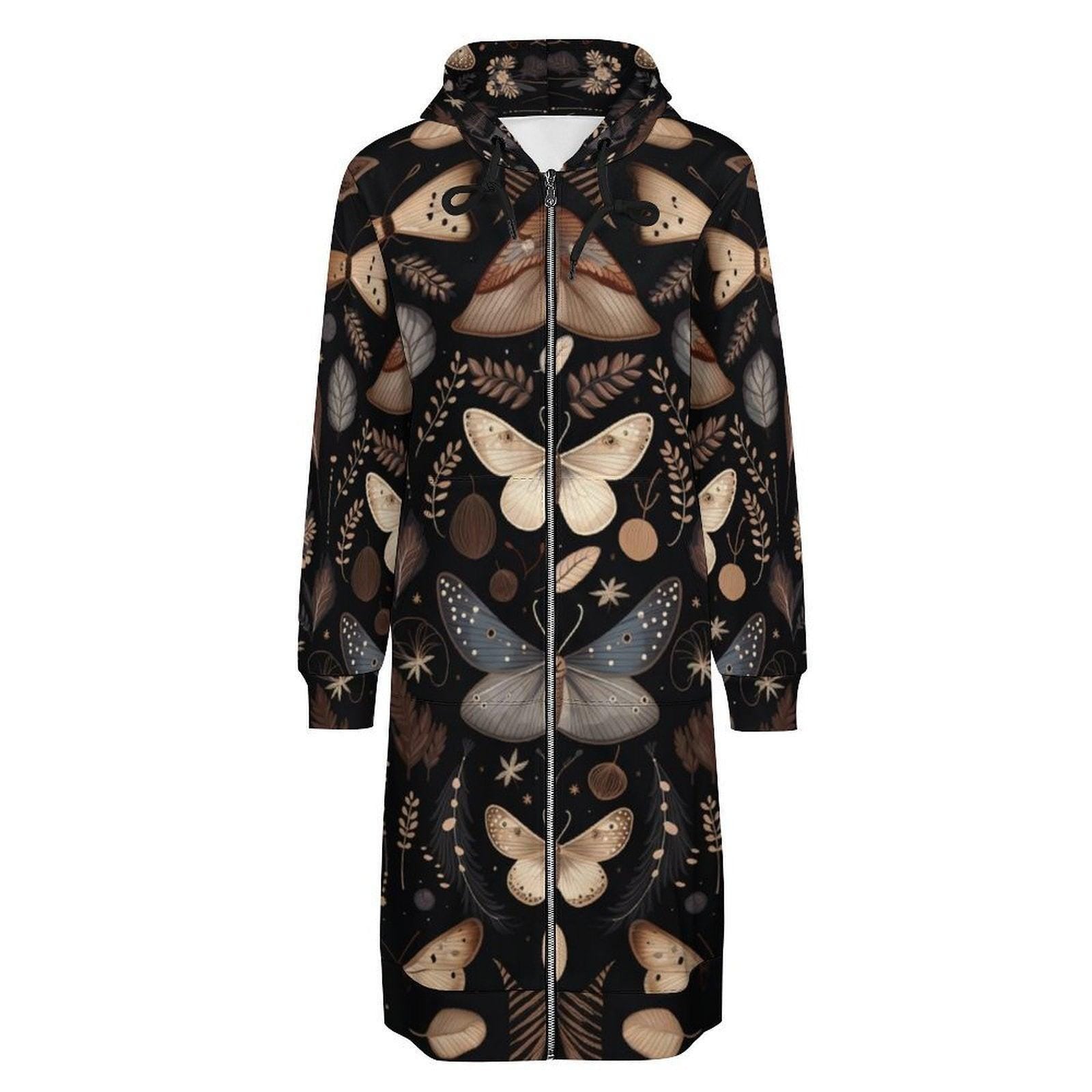 Moth Print Long Hooded Jacket, Dark Nature Zip Coat