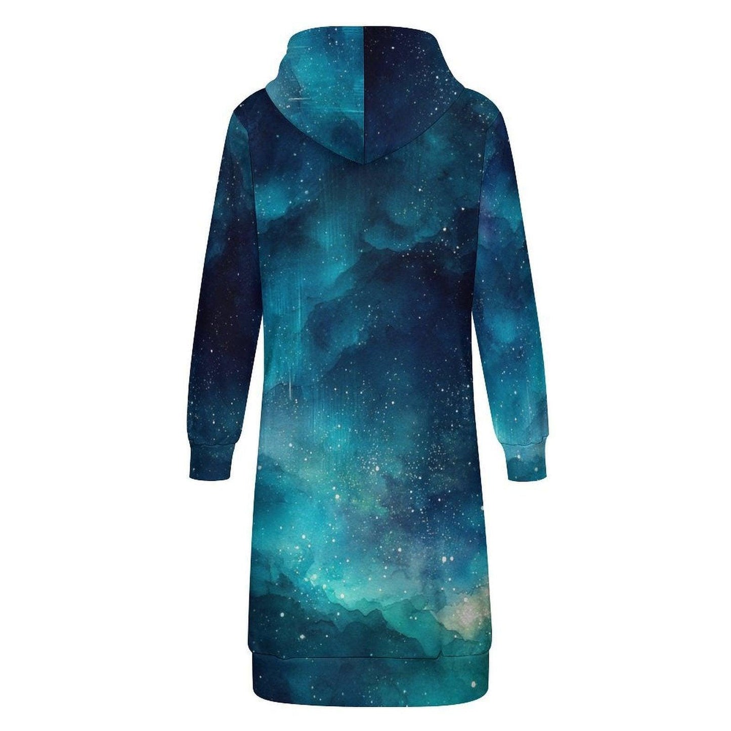 Teal Galaxy Print Hooded Long Duster Cardigan Coat