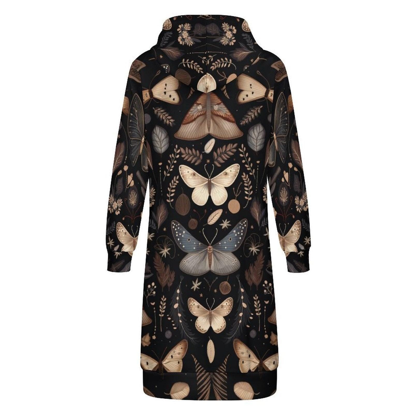 Moth Print Long Hooded Jacket, Dark Nature Zip Coat