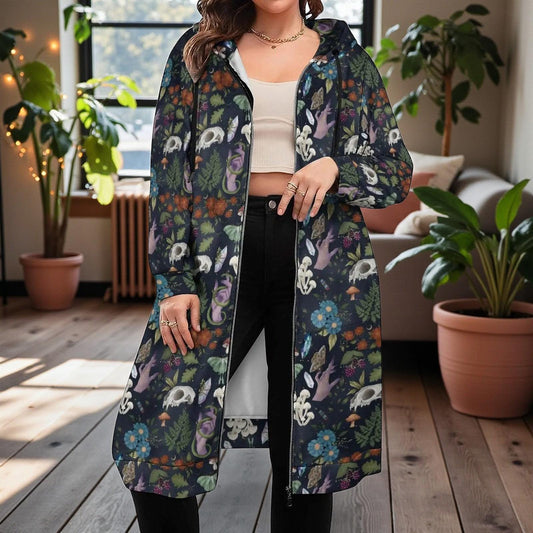 Forest Skull and Snake Print Long Zip Hoodie Coat