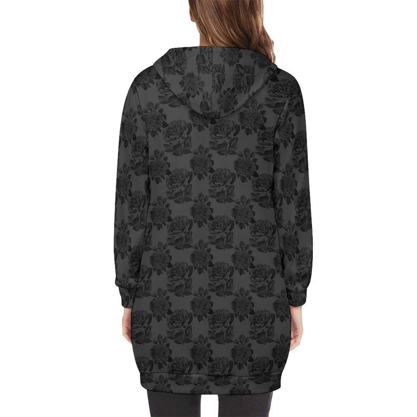 Black Rose Long Hooded Jacket, Dark Floral Zip Coat