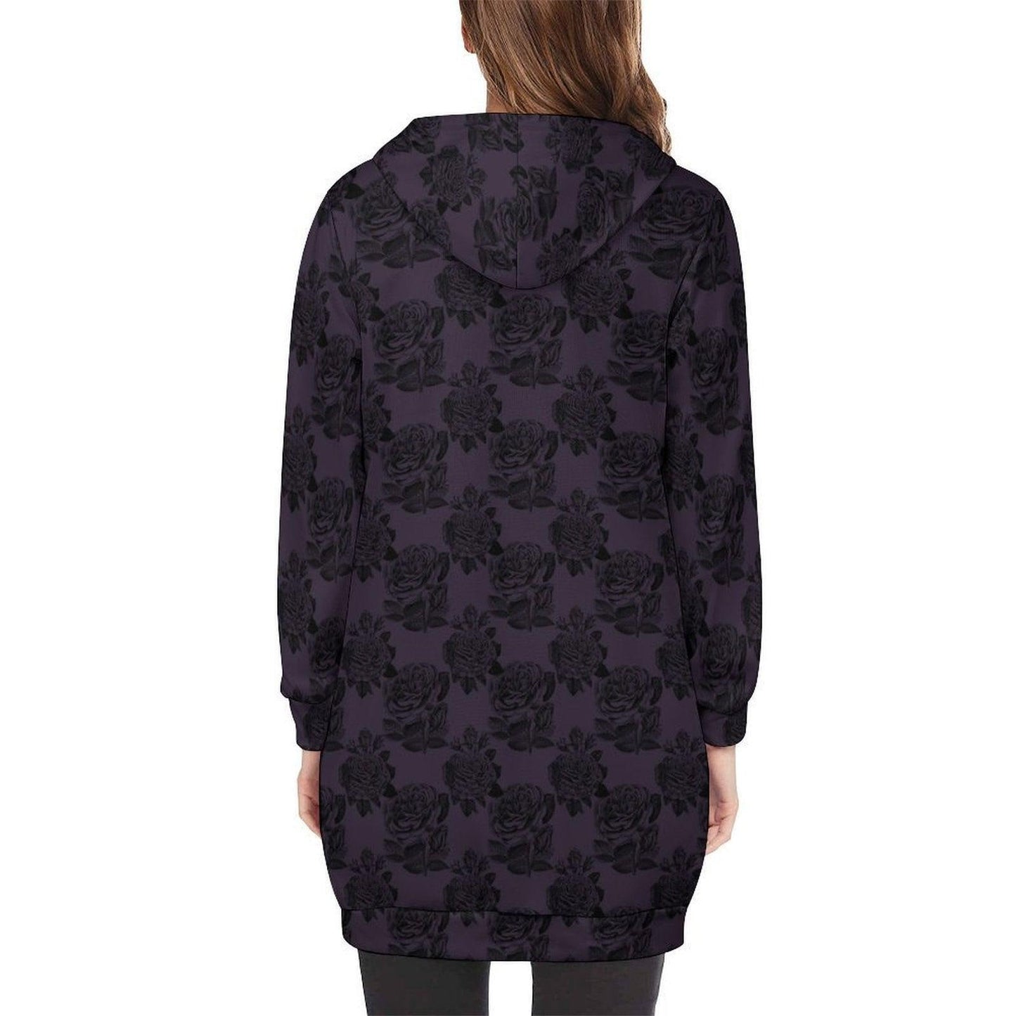 Purple Black Rose Long Hooded Jacket, Dark Floral Coat