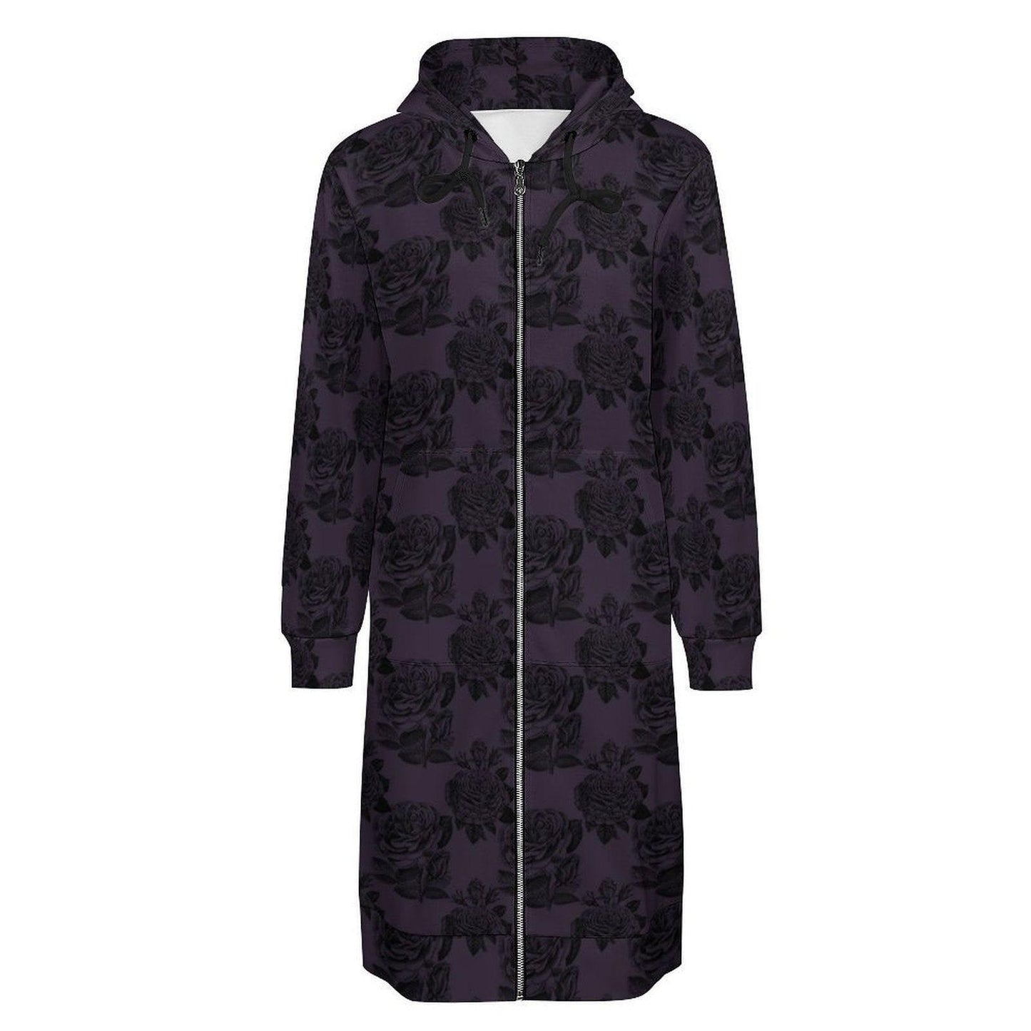 Purple Black Rose Long Hooded Jacket, Dark Floral Coat