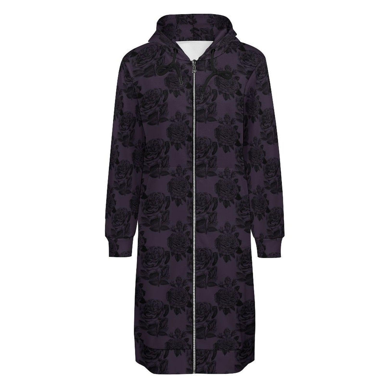 Purple Black Rose Long Hooded Jacket, Dark Floral Coat