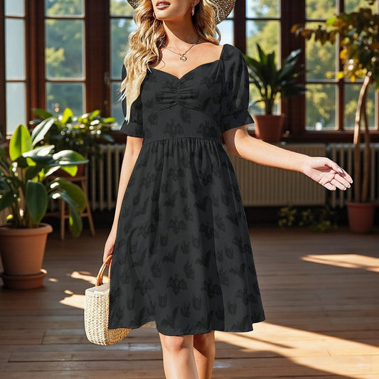 Spooky bat print dress, Halloween puff sleeve look, gothic summer outfit, alt fairycore bat fashion, vampire moon picnic outfit,spooky dress