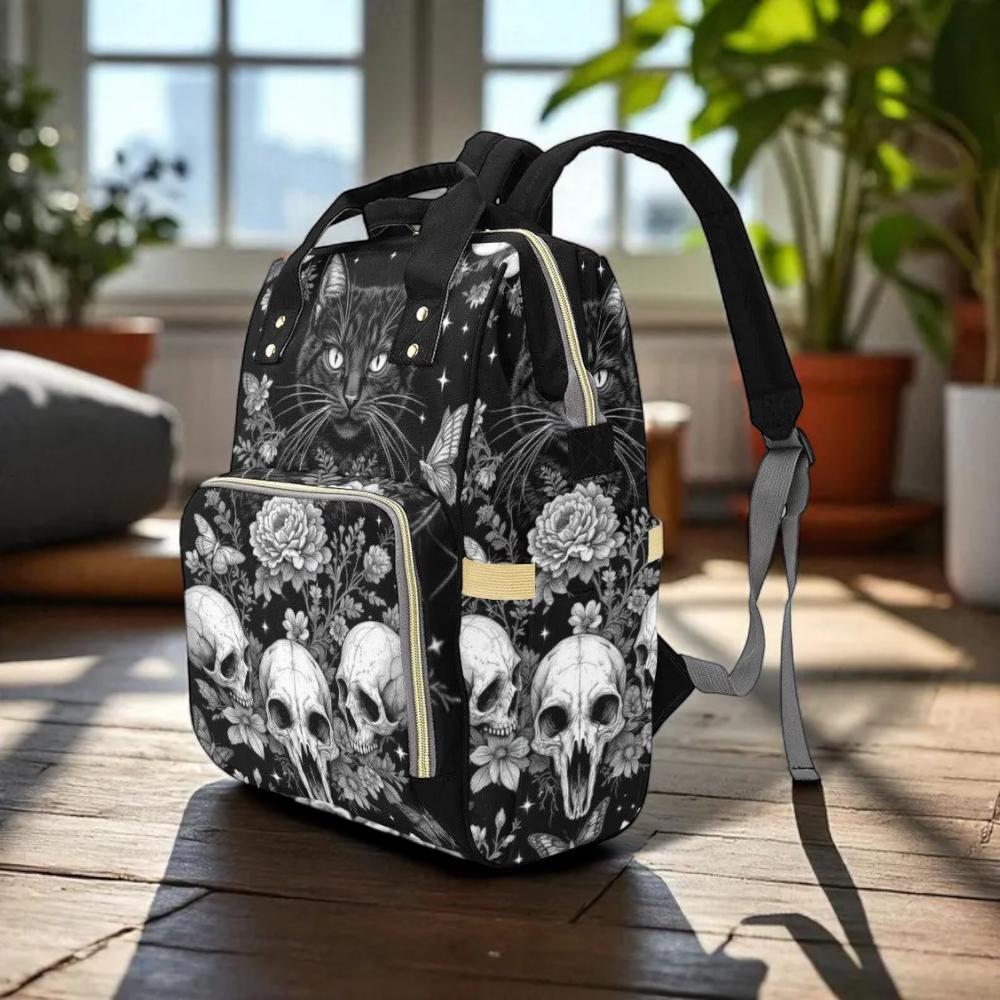 Skull Cat Floral Backpack, Dark Academia Bag, Witchy School Backpack
