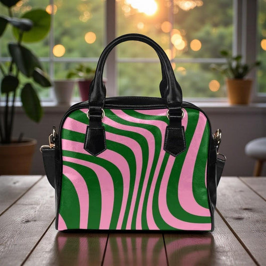 Groovy Wave Satchel, Pink Green Retro Purse, Mod Striped Crossbody Bag