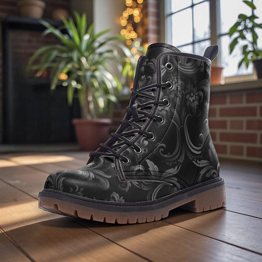 Dark Damask Floral Platform Boots, Vintage Lace-Up Statement Shoes