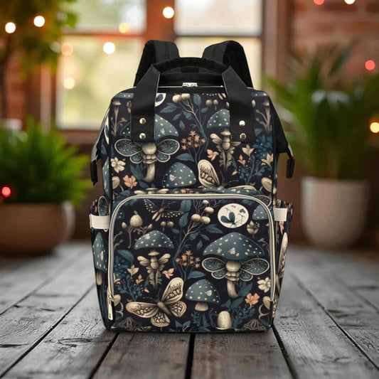 Moth and Mushroom Diaper Backpack with Woodland Night Garden Print