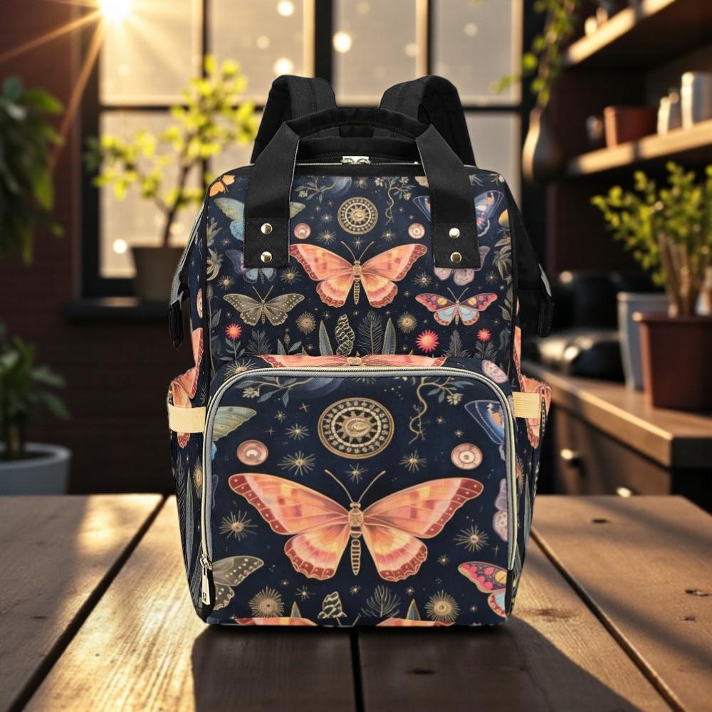 Moth Butterfly Diaper Backpack, Celestial Botanical Baby Bag with Vintage Nature Print