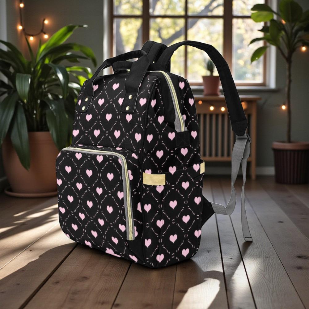 Pink Heart Diaper Backpack for Moms with Soft Gothic Love Print