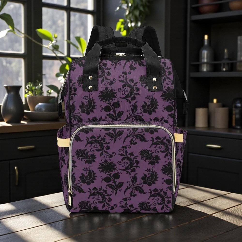 Purple Damask Backpack, Vintage Gothic Ornamental Pattern Bag