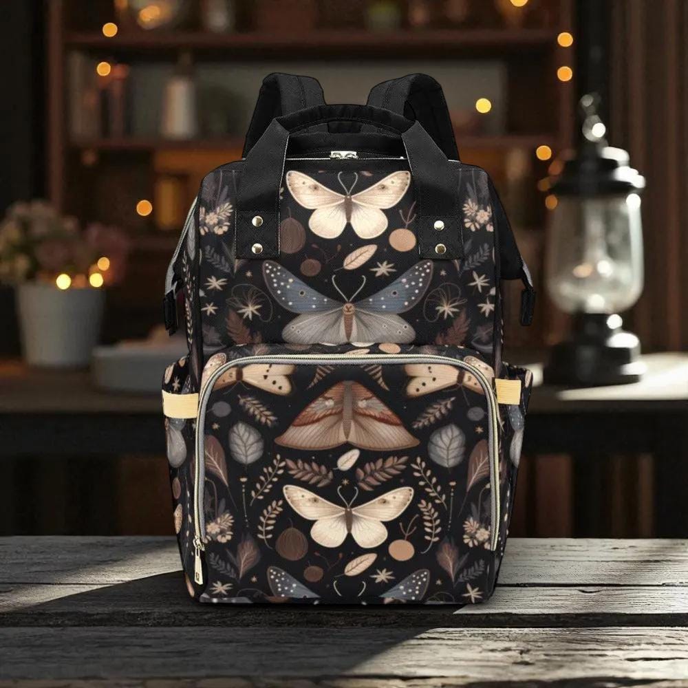 Moth Botanical Backpack, Nature Inspired Insect Pattern Bag