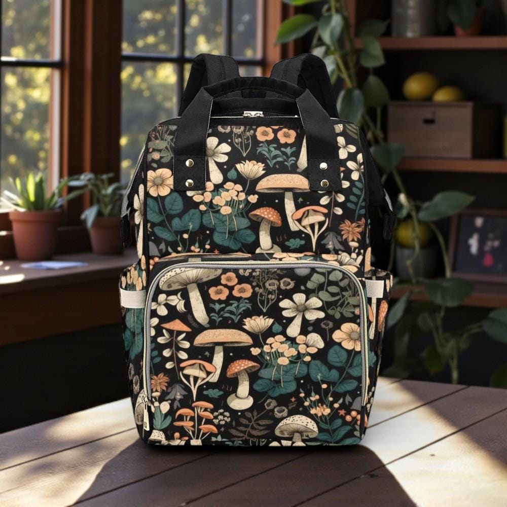 Vintage Mushroom Print Diaper Backpack, Woodland Baby Bag