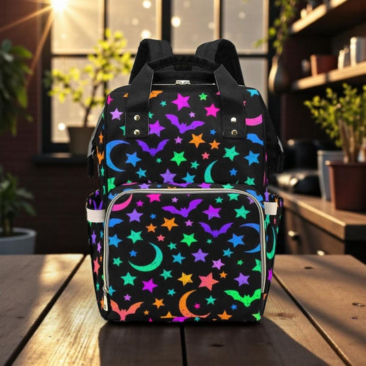Neon Stars Backpack, Witchy Bat Bag, Alternative Celestial Backpack