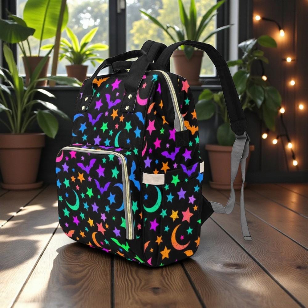Neon Stars Backpack, Witchy Bat Bag, Alternative Celestial Backpack