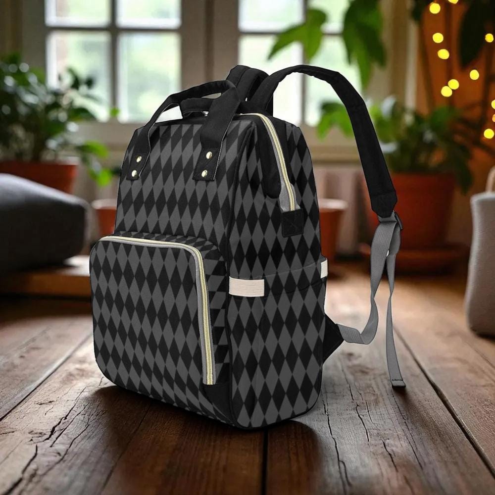 Harlequin Diaper Backpack, Gothic Monochrome Baby Bag Organizer