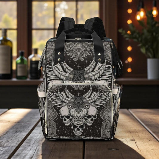 Horned Skull Diaper Backpack, Occult Gothic Baby Bag with Dark Ritual Art