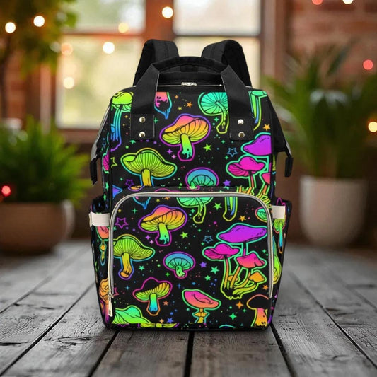 Neon Mushroom Diaper Backpack, Psychedelic Baby Bag with Colorful Trippy Print