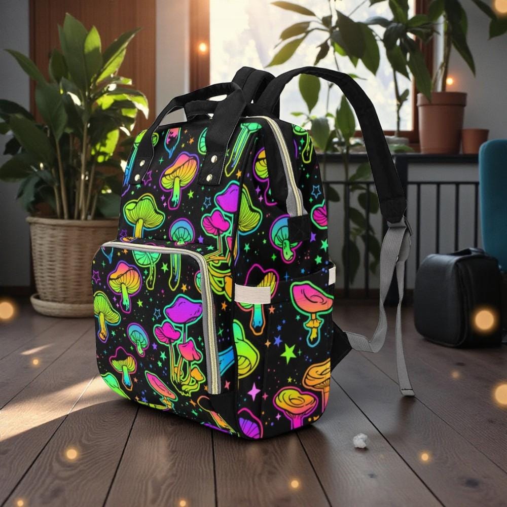Neon Mushroom Diaper Backpack, Psychedelic Baby Bag with Colorful Trippy Print