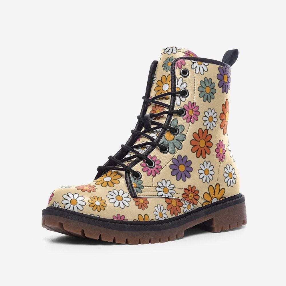 Retro Floral Combat Boots, Groovy Daisy Lace Up Boots, 70s Flower Power Shoes