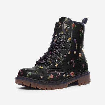 Dark floral combat boots, vegan leather lace-up platform boots, vintage wildflower print, cottagecore style