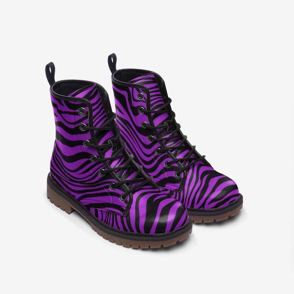 Purple Zebra Combat Boots, Bold Lace Up Platform Boots with Graphic Animal Print