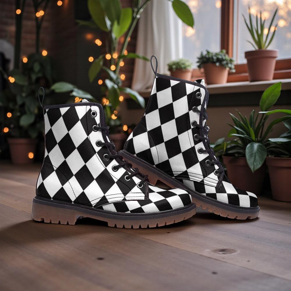 Checkered Vegan Leather Combat Boots