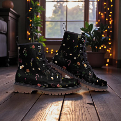 Dark floral combat boots, vegan leather lace-up platform boots, vintage wildflower print, cottagecore style