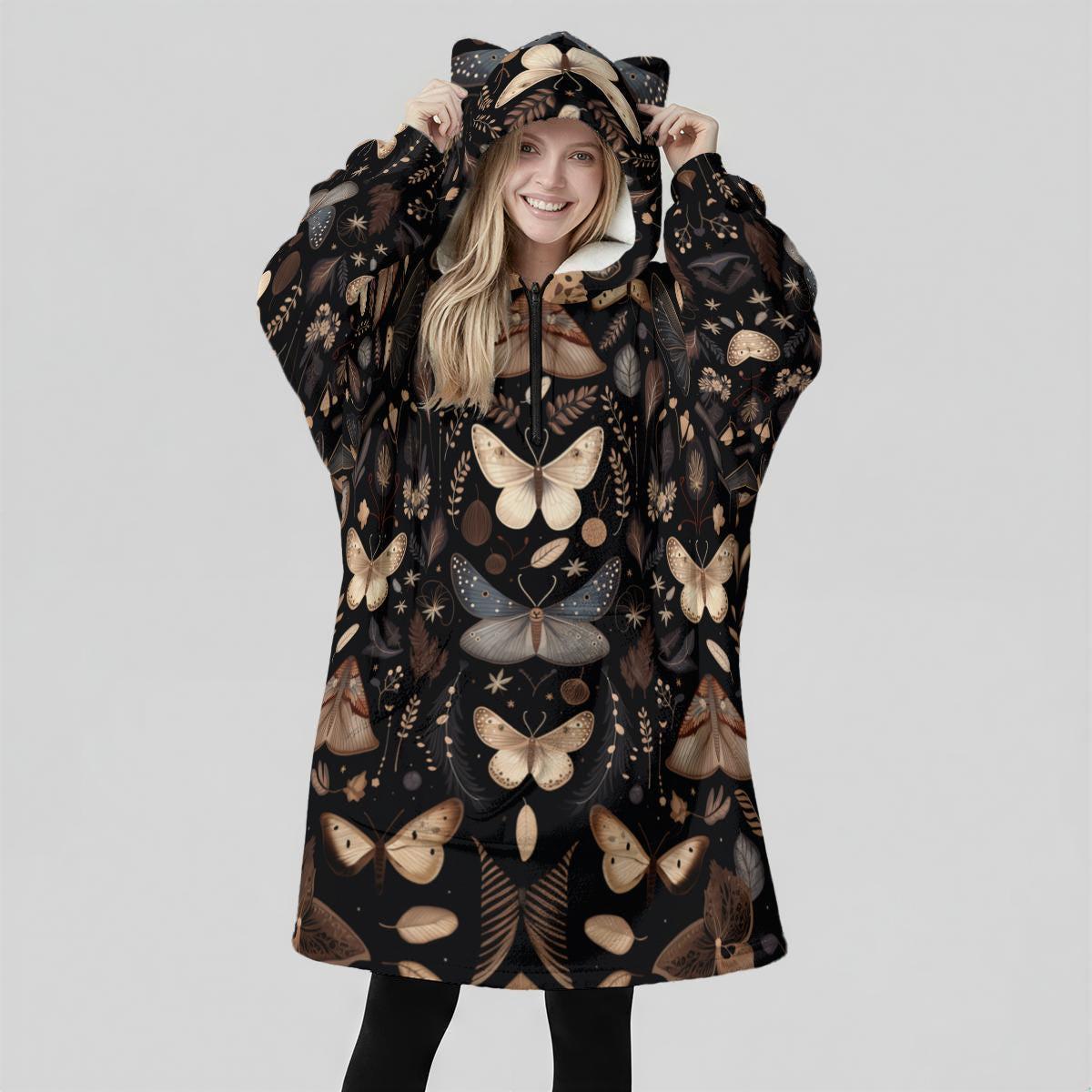 Wearable Blanket Hoodie with Cat Ears, Moth Butterfly Print, Dark Cottagecore Gift